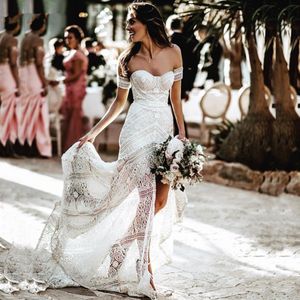 Sexig boho strand mjuk virkning spetsar sjöjungfru bröllopsklänning 2019 älskling lång brudklänning hawaiian brudklänning sommar vestido de272j