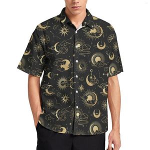 Camisas casuais masculinas pretas e douradas, lua, praia, masculina, estrela, sol, astrologia, arte, Havaí, mangas curtas, blusas superdimensionadas, gráficas da moda