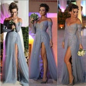 2019 New Fashion Long Sleeves Dresses Party Evening Dresses A Line Off Shoulder High Slit Vintage Lace Grey Prom Dresses Long Chif252J