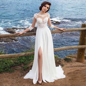 Bröllopsklänning strand chiffong applikationer enkel klänning a-line slits sida vestido de novia playa brud klänning tre kvart ärm weddin304d