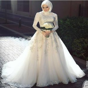 mest populära saudiarabiska muslimska bröllopsklänningar turkiska höghals långa ärmar spetsar applikationer brudklänningar utan hijab hochzeit310s