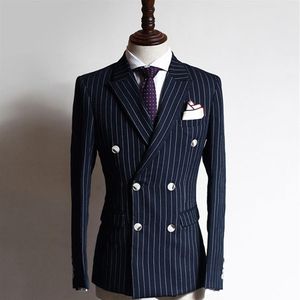 Navy Grid Business Formal Men Suits Double Breasted Peaked Lapel Two Piece Custom Made Goom Wedding Tuxedos Jacket Pants222C