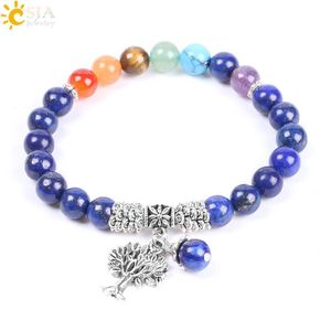 CSJA Natural Stone Bracelets Bracelets Lapis Lazuli 7 Chakra Reiki Elastic Rope Tree of Life Mash