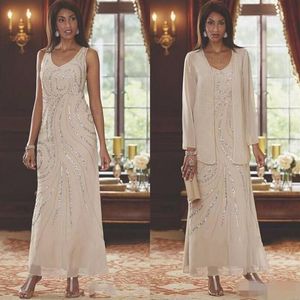 Vintage Sequins Champagne Chiffon Sheath Mothers Dresses With Long Sleeve Jacket Mother of the Bride Dresses 2 Pieces Ankle Length1811