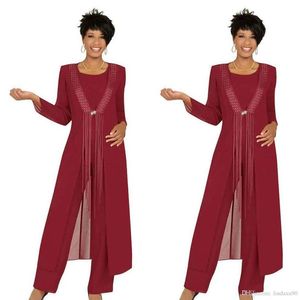 2019 Dreiteilige purpurrote Hosenanzüge für die Brautmutter mit Jacke, maßgeschneidertes Chiffon-Hochzeitsgastkleid mit langen Ärmeln Outfit263d