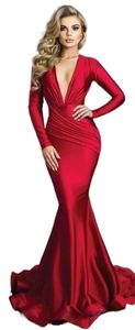 Long Red Mermaid Evening Dresses Sexy Deep V-neck Long Sleeves Formal Prom Dress Vestidos Elastic Silk Like Satin Custom Made