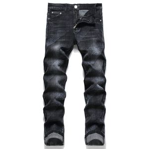 Svart tryckt stretch mager jeans för män mode casual bomull denim smala fit byxor höstpunk mid-midjig manlig byxor