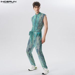 Mężczyzn Pants 2023 Men Jumpsuits Mesh krawat bar barwnik błękotnik seksowne rompers przezroczyste mody streetwearu z paskiem indeperun s 5xl 7 230721