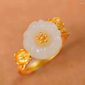 Anelli a grappolo Anello in argento sterling 925 con fiore di giada bianca Gioielleria raffinata da donna Giada di Hetian naturale nefrite Fiori d'oro