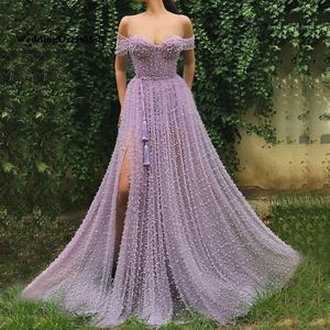 Charming Pearls Purple Evening Dresses Off Shoulder Long Elegant Side Sleeves Open Slit A line Prom Dress209D