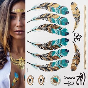 1 folha Flash Boho Metallic Gold Feathers Shimmering Jewellery Festival Tatuagem Temporária