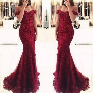 Junoesque Bourgogne Lace Mermaid Prom Dresses Applices Off the Shoulder Pärled paljetter Långa promklänningar Evening Dresses Cheap Wear 2477