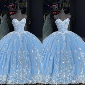 Bling elfenben paljetter applique prom quinceanera klänningar ljus himmel blå stropplös korsett rygglös prinsessa formell klänning kväll sweet301l