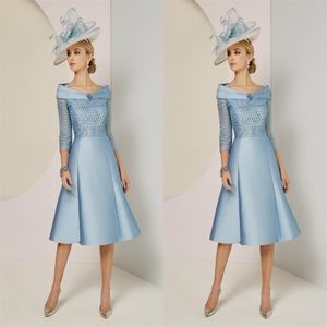 2019 Elegant Mother Of The Bride Dresses Off Shoulder 3 4 Long Sleeves Prom Dress Knee Length Wedding Guest Gowns Cheap Light Blue296z