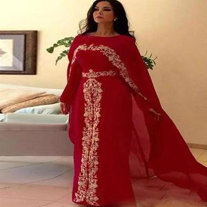 Dubai Caftan Chiffon Red Evening Dresses bainha com mangas compridas com apliques de renda capa Abendskleid Abaya Muslim Long Prom Part226p