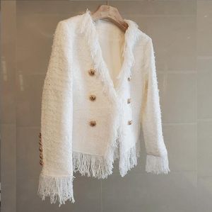 708 2023 Autumn Runway Brand SAme Style Women Coat Tweed Striped Long Sleeve V Neck White Fashion Clothes High Quality Womens huilin