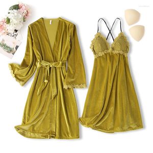 Conjunto de pijamas feminino renda patchwork rosa robe feminino veludo 2 pçs vestido quimono sexy com decote em V outono veludo nightyrobe loungewear