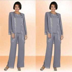 Modest Chiffon Jewel Long Mother Of The Bride Pant Suits With Long Sleeve Jacket Cheap Embroidery Formal Suits Custom Made251V