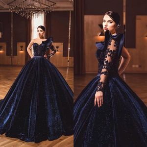 2022 Suknia granatowa aksamitna suknia balowa Quinceanera Długie kaftan impreza Kryształy Kryształy koraliki wieczorowe suknie Vestidos Formal