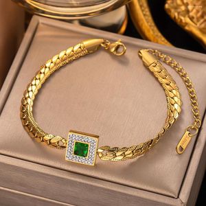 Link Bracelets 316L Stainless Steel Charm Green Stone Zircon Bangle Bracelet For Women Inoxidable Rustproof Wrist Jewelry Party Bijoux 2023