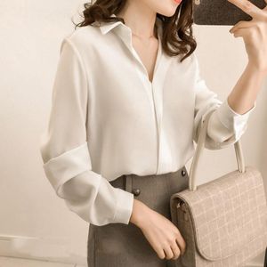 Kadın bluzları Sonbahar Kadın Şifon Katı Artı Beden Kadın Giysileri Gevşek Gömlek Uzun Kollu Bluz Basit ol kadınsı Blusa
