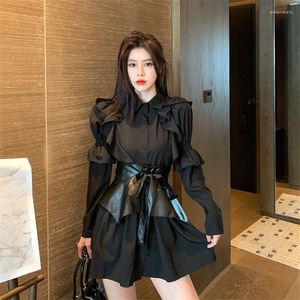 Casual Dresses Long Sleeve Black Shirt Dress Female Spring Bubble A-line Short 2023 2pcs Set High Fashion Women Clothing