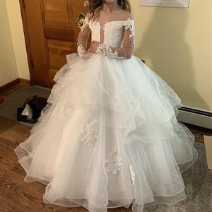 レースのエレガントなフラワーガールドレス結婚式の透けて首の長袖聖体拝領ページェントキッズパーティーバースデーガウン296f