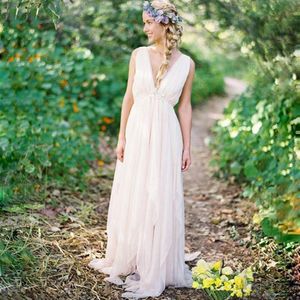 Abiti da sposa eleganti casual da spiaggia estivi senza schienale profondo scollo a V senza maniche in chiffon pieghettato; abiti da sposa lunghi su misura263x