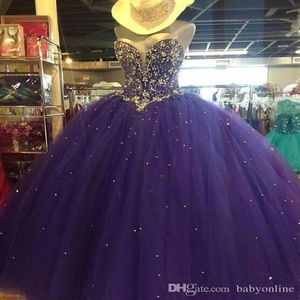 Grape Ball Stun Tiulle Quinceanera Sukienki Kryształ bez ramiączki Kościa Linia Długość podłogi gorset