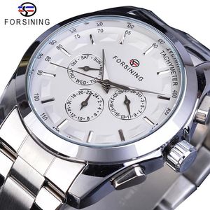 ForSining Silver White Male Mechanical Watch 3 Sub Dial Luminous Hands Date rostfritt stål Band Man Business Sport Montre Homme182j