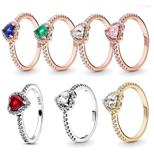 Cluster Rings Rose Gold Plated 925 Silver Ring Sparkling Elevated Red Heart For Women Engagement Present Original Jewelry Autentic