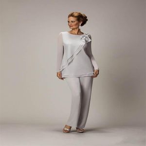 2022 Elegant Plus Size Silver Mother's Pants Suit For Mother of the Bride Groom Beaded Chiffon Wedding Party Evening Gowns PR292Y