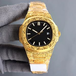 Altın Erkekler Nautilus Watch Kırktan Yıldönümü Sınırlı Sürüm Anma Gravür Stili Derin Su Geçirmez Hareket Üst Kristal Elmas Dial Safir Ayna