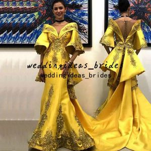 Party Dresses Aso Ebie Arabic Mermaid Prom 2023 Yellow Stain 3d Floral Applique Sheer O-Neck Caftan Dubai Luxe aftonklänning