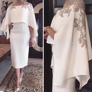 Nya vita satincocktailklänningar med wrap -applikationer Tea längd mantel Dubai -stil formella hemkomstklänningar skräddarsydda fest gow251v