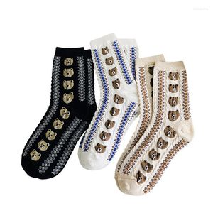 Women Socks 2023 Spring Autumn Japanese Khaki Fashion Kawaii Cartoon Cotton Retro Bear Twist Stockings