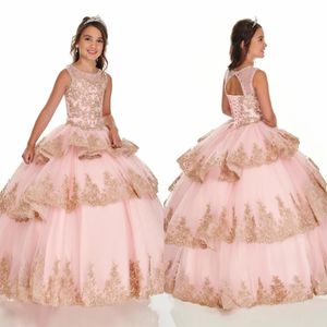 Blush Pink Gold Lace Cupcake Girls Pageant Abiti Quinceanera Mini abito da festa 2022 Abito da ragazza di fiori con lacci gioiello con perline Ruffle276k