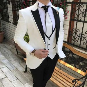 Smoking branco de três peças para casamento, ternos masculinos de um botão, ternos formais de negócios, ajuste clássico, jaqueta masculina preta Pan248R