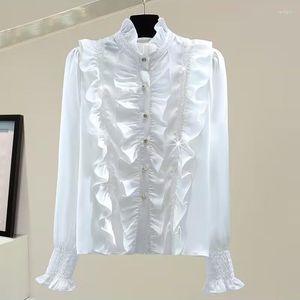 Women's Blouses Fashion Victorian Women OL Office Ladies White Shirt High Neck Frilly Ruffle Cuffs Shirts Female Blouse Autumn