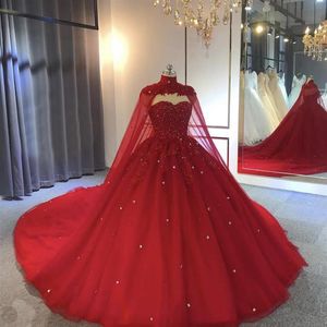 Princess Red Royal Blue Black Ball Virt Dresses Quinceanera with Wraps Beads Crystals Tulle Sweep Train Cowl Dress Press Evening 254T