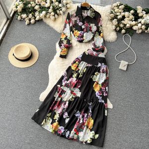 Two Piece Dress Summer Fashion Flower Print Two Piece Sets Women Long Sleeve Single Breasted Rose Shirt Top + Chiffon High Waist Maxi Skirt Suit 2023