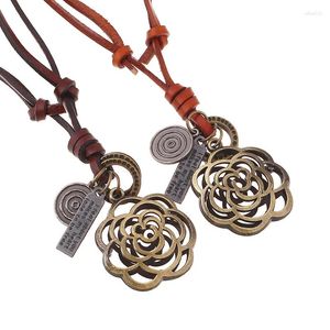 Pendant Necklaces Vintage Retro Women Bronze Alloy Hollow Flower Pendants Statement Long Sweater Chain Handmade Leather Fashion Jewelry