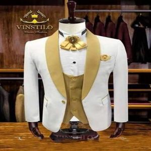 Branco Noivo Smoking Dourado Azul Marinho Lapela Padrinho Casamento 3 Peças Terno Moda Masculino Negócios Baile Jaqueta BlazerJaqueta Calça Gravata V283a