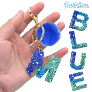 Schlüsselanhänger, exquisiter blauer Pompon, A-Z, 26 Buchstaben, Schlüsselanhänger, glitzerndes Herz, mit Pailletten gefüllt, Initialen, Schlüsselanhänger, Taschenzubehör, Charm-Auto-Schlüsselanhänger