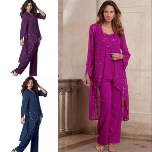 Chic Three Piece Freading Mother of the Bride Pant Suits Long Rleeves Kurtka Weddna sukienka dla gości szyfonowa cekin