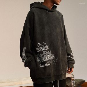 Men's Hoodies Fall 2023 American Style High Street Water Washing Process Retro Old Letter Print Oversized Fleece Inside Thicken Hoodie