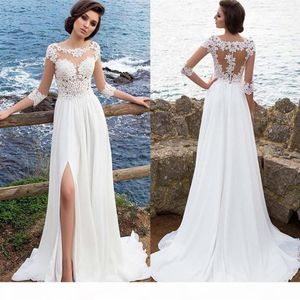 Summer Beach Millanova 2019 Sexig Sheer Lace Appliqued A Line Wedding Dresses Half ärmar Högdelad chiffong billig brudklänningar317e