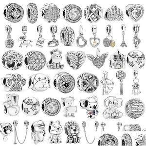 Srebrny oryginalny 925 Sterling Sier Sier Feather Lion Safety Safein Safein Crown Wings Pendant Kulki do Pandora Charm Bransoletka DIY Oryginalna biżuteria DH2T3