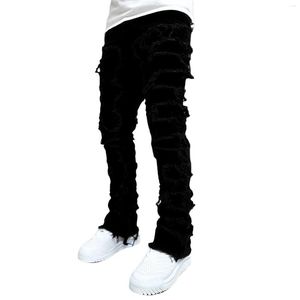 Мужские джинсы Регулярная подсадка сложенных патч мужчин, расстроенные разрушенные прямые джинсовые брюки, уличная одежда, повседневная джинсовая черная белая