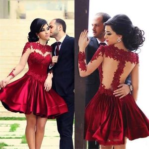 2019 Short Burgundy Homecoming Dresses Lace Applique Crew Neck Tulle Long Sleeves Satin A-Line Knee Length Cocktail Party Gowns205m